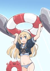 Rule 34 | 1girl, 1other, alternate costume, arms up, bikini, blonde hair, blue eyes, blue sailor collar, blue sky, commentary request, cowboy shot, cropped jacket, enemy lifebuoy (kancolle), enjaku izuku, gradient sky, hat, highres, jervis (kancolle), kantai collection, lifebuoy, long hair, looking at viewer, sailor collar, sailor hat, sky, striped bikini, striped clothes, swim ring, swimsuit, white headwear