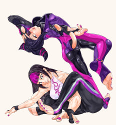 Rule 34 | 2girls, alternate costume, alternate hairstyle, ass, barefoot, biker clothes, bikesuit, bodysuit, bokkusu, breasts, cameltoe, dual persona, evil grin, evil smile, eyepatch, feet, fingerless gloves, flexible, gloves, grin, halterneck, halterneck, han juri, head tilt, highres, large breasts, licking lips, looking at viewer, medium breasts, multicolored hair, multiple girls, nail polish, no shoes, pointing, pointing at viewer, purple eyes, smile, soles, street fighter, street fighter v, toeless legwear, toenail polish, toenails, toes, toned, tongue, tongue out, two-tone hair, yokonohou