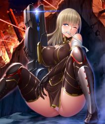 Rule 34 | 1girl, ass, blonde hair, blue eyes, blush, boots, breast press, breasts, covered erect nipples, curvy, dress, explosion, female focus, fire, highres, holding, holding weapon, large breasts, lilith-soft, long hair, nobushito kuro, panties, shiny skin, sitting, solo, taimanin (series), taimanin asagi kessen arena, tina worrel, underwear, weapon