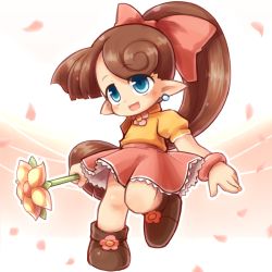 Rule 34 | 1girl, blue eyes, bow, bracelet, brown hair, crab man, dress, flower, full body, hair bow, jewelry, lip (panel de pon), long hair, panel de pon, petals, pink bow, pink dress, pink skirt, pointy ears, ponytail, shirt, shoes, skirt, smile, solo, wand