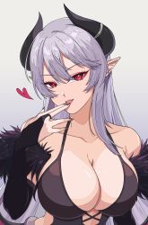 Rule 34 | 1girl, 318 saiha, absurdres, ahyra, bare shoulders, black nails, bone, bra, breasts, colored skin, covered erect nipples, curvy, demon, demon girl, demon horns, demon wings, gloves, highres, horns, indie virtual youtuber, lace, lace bra, lace gloves, large breasts, lipstick, long hair, looking at viewer, makeup, mature female, nail polish, pointy ears, red eyes, solo, underwear, vampire, virtual youtuber, white hair, white skin, wings