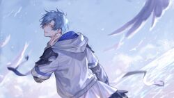 Rule 34 | 1boy, absurdres, bishounen, blue hair, blue sky, closed mouth, dated, falling feathers, feathers, from behind, green eyes, hand on own neck, highres, holostars, holostars english, hood, hoodie, light particles, long sleeves, looking at viewer, looking back, male focus, outdoors, regis altare, rm-parfait, short hair, signature, sky, smile, solo, standing, twitter username, virtual youtuber, water, white feathers, white hoodie