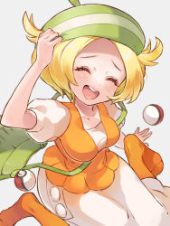 Rule 34 | 1girl, :d, bag, beret, bianca (pokemon), blonde hair, blush, breasts, closed eyes, commentary request, creatures (company), dress, eyelashes, game freak, green bag, green hat, hand on headwear, hat, highres, nintendo, no shoes, open mouth, orange pantyhose, orange vest, pantyhose, poke ball, poke ball (basic), pokemon, pokemon bw, sasairebun, short hair, short sleeves, shoulder bag, sitting, smile, solo, teeth, tongue, upper teeth only, vest, white dress