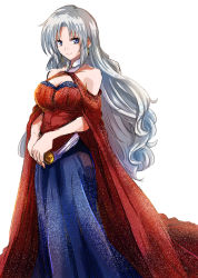 Rule 34 | 1girl, alternate costume, bare shoulders, blue eyes, breasts, cleavage, dress, earrings, jewelry, light smile, long hair, looking at viewer, multicolored clothes, multicolored dress, silver hair, simple background, solo, touhou, unya, very long hair, white background, yagokoro eirin