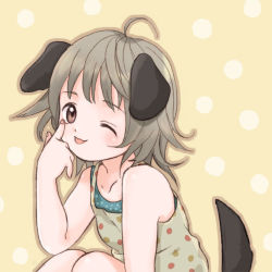 Rule 34 | :p, ;p, animal ears, bad id, bad pixiv id, brown eyes, brown hair, camisole, child, dog ears, dog tail, kicham, one eye closed, polka dot, short hair, solo, tail, tongue, tongue out, wink