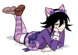 Rule 34 | 1boy, animal ears, arm support, black hair, bow, brown footwear, cat ears, cat tail, cheshire cat (alice in wonderland), cheshire cat (alice in wonderland) (cosplay), cosplay, danganronpa (series), danganronpa v3: killing harmony, flipped hair, full body, grey background, highres, jacket, long sleeves, looking at viewer, lying, male focus, oma kokichi, on stomach, pastahands, pink thighhighs, purple eyes, shoes, simple background, smile, solo, striped clothes, striped thighhighs, tail, teeth, thighhighs