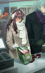 Rule 34 | 1boy, 1girl, bag, black coat, blush, brown jacket, buying condoms, cash register, closed eyes, closed mouth, coat, commentary, condom box, convenience store, drill hair, earmuffs, full-face blush, gloves, green gloves, grey hair, hair intakes, hair tubes, hetero, highres, holding, holding bag, holding wallet, jacket, long hair, mole, mole under eye, original, purple scarf, scarf, shop, short hair, smile, sweatdrop, symbol-only commentary, unholymilk, wallet, white gloves, white scarf