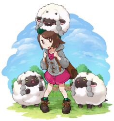 Rule 34 | 1girl, :3, backpack, bag, blue sky, boots, brown bag, brown eyes, brown footwear, brown hair, buttons, cable knit, cardigan, closed eyes, cloud, collared dress, commentary request, creatures (company), day, dress, game freak, gen 8 pokemon, gloria (pokemon), grass, green headwear, green socks, grey cardigan, gunjima souichirou, hands up, hat, highres, holding strap, hood, hood down, hooded cardigan, long sleeves, looking at another, looking up, nintendo, on head, open mouth, outdoors, pink dress, plaid socks, pokemon, pokemon (creature), pokemon on head, pokemon swsh, sheep, short hair, sky, smile, socks, standing, sweatdrop, tam o&#039; shanter, tree, wooloo