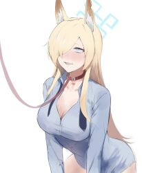 Rule 34 | 1girl, animal ears, blonde hair, blue archive, blue eyes, blue shirt, breasts, choker, hair over one eye, kanna (blue archive), large breasts, leash, saiun sigma, shirt, simple background, solo, white background