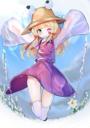 Rule 34 | 1girl, 258n, ;), absurdres, arms up, blonde hair, blunt bangs, blush, brown hat, cloud, daffodil, day, dress, eyebrows hidden by hair, field, fisheye, flat chest, flower, flower field, full body, green eyes, hair ribbon, hat, highres, hydrokinesis, jumping, long hair, long sleeves, moriya suwako, no nose, no panties, o/, one eye closed, outstretched arms, purple dress, purple skirt, purple vest, red ribbon, ribbon, shirt, sidelocks, skirt, skirt set, sky, sleeves past fingers, sleeves past wrists, smile, solo, thighhighs, touhou, turtleneck, vest, water, white flower, white shirt, white thighhighs
