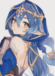 Rule 34 | 1girl, backless outfit, bare back, bare shoulders, blue gloves, blue hair, blush, book, commentary, genshin impact, gloves, grey background, hair between eyes, highres, holding, holding book, hood, jewelry, juliet sleeves, layla (genshin impact), long hair, long sleeves, looking at viewer, neck ring, parted lips, pointy ears, puffy sleeves, simple background, solo, upper body, very long hair, yellow eyes, yonba (uanp8588)