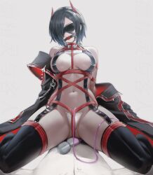 Rule 34 | 1boy, 1girl, absurdres, azur lane, ball gag, bare shoulders, black coat, black hair, black thighhighs, blindfold, breast strap, breasts, c-string, chinese commentary, cleavage, coat, collarbone, commander (azur lane), commentary request, commission, crop top, cross, cum, cum on body, cum on clothes, cum on legs, ear piercing, gag, gagged, garter straps, gluteal fold, hair between eyes, hair ornament, hair over one eye, head out of frame, highres, hitachi magic wand, horns, iron cross, jacket, large breasts, lin jingling, long sleeves, looking at viewer, mechanical horns, multicolored hair, navel, o-ring, off shoulder, pants, parted lips, piercing, red horns, red rope, restrained, rope, second-party source, sex toy, shadow, shibari, shibari over clothes, shirt, short hair, sidelocks, simple background, sitting, sitting on person, skindentation, sleeveless, sleeveless shirt, solo focus, stomach, straddling, strapless bottom, thighhighs, thighs, ulrich von hutten (azur lane), vibrator, white background, white hair, white jacket, white pants, white shirt, yellow eyes
