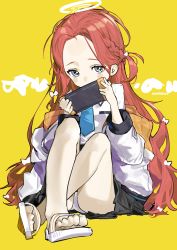 Rule 34 | absurdres, blue archive, blue eyes, braid, forehead, gohanduck, halo, highres, jacket, multicolored clothes, multicolored jacket, necktie, one side up, parted bangs, pleated skirt, red hair, sandals, skirt, white jacket, yuzu (blue archive)
