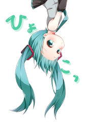 Rule 34 | 1girl, aqua eyes, aqua hair, aqua necktie, bare shoulders, black sleeves, blush, commentary, detached sleeves, eshe mr, forehead, grey shirt, hair ornament, hatsune miku, highres, long hair, looking at viewer, necktie, shirt, skirt, sleeveless, sleeveless shirt, solo, twintails, upper body, upside-down, vocaloid, white background