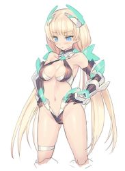 Rule 34 | 1girl, adapted costume, angela balzac, armor, bikini, blade (galaxist), blonde hair, blue eyes, blush, breasts, cleavage, cropped legs, greaves, groin, hands on own hips, jpeg artifacts, long hair, low twintails, navel, rakuen tsuihou, simple background, solo, sweatdrop, swimsuit, twintails, white background