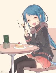 Rule 34 | 1girl, alternate costume, beige background, black cardigan, black thighhighs, blue hair, brown scarf, cake, cardigan, chair, closed eyes, facing viewer, food, fork, gradient hair, hand on own face, highres, kantai collection, long hair, multicolored hair, open mouth, orange skirt, pleated skirt, samidare (kancolle), scarf, simple background, sitting, skirt, smile, solo, swept bangs, table, thighhighs, very long hair, zhi zhi/zu zu