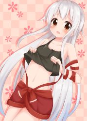 Rule 34 | 1girl, ahoge, bare shoulders, black shirt, blush, breasts, checkered background, chiya (urara meirochou), clothes lift, collarbone, commentary request, cowboy shot, flower, highres, lifting own clothes, long hair, looking at viewer, minato ojitan, navel, open mouth, pink background, red eyes, red skirt, shadow, shirt, silver hair, skirt, skirt lift, sleeveless, sleeveless shirt, small breasts, solo, standing, tank top, tearing up, urara meirochou, very long hair