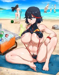 Rule 34 | 3boys, 4girls, areola slip, armpit hair, ass, beach, breasts, can, cleft of venus, colorized, covered erect nipples, drinking, drinking straw, feet, food, fruit, highres, huge breasts, ice, kill la kill, kiryuuin satsuki, kunaboto, matoi ryuuko, multiple boys, multiple girls, outdoors, pubic hair, sitting, slingshot swimsuit, spread legs, swimsuit, sword, tagme, watermelon, weapon