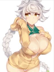 Rule 34 | 1girl, asymmetrical hair, bad id, bad pixiv id, bare shoulders, braid, breasts, choker, cleavage, cleavage cutout, clothing cutout, covered erect nipples, cowboy shot, crop top, hair between eyes, hand on own chest, hood, hooded track jacket, hoodie, jacket, jitome, kantai collection, large breasts, leaning forward, long hair, looking at viewer, navel, open mouth, panties, pocket, pokoten (pokoten718), single braid, solo, thighs, track jacket, underwear, unryuu (kancolle), unzipped, very long hair, white hair, white panties, yellow eyes