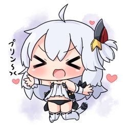 Rule 34 | &gt; &lt;, 1girl, :d, ahoge, azur lane, bare shoulders, black panties, blush, boots, breasts, cable, chibi, cleavage, collarbone, commentary request, dress, electric plug, facing viewer, full body, hair between eyes, hair ornament, hana kazari, heart, long hair, navel, one side up, open mouth, outstretched arms, panties, shirt, silver hair, small breasts, smile, solo, strapless, striped clothes, striped dress, tail, thigh boots, thighhighs, translation request, underwear, universal bulin (azur lane), v-shaped eyebrows, vertical-striped clothes, vertical-striped dress, very long hair, white footwear, white shirt, white thighhighs, xd