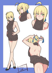 Rule 34 | 1girl, 2017, adjusting hair, ahoge, arms behind head, arms up, artoria pendragon (all), artoria pendragon (fate), ass, back, backless dress, backless outfit, bare back, bare shoulders, black dress, black footwear, black sweater, blonde hair, blue ribbon, blush, blush stickers, braid, braided bun, breasts, closed mouth, crossed legs, dated, dress, fate/stay night, fate (series), female focus, from behind, full body, green eyes, hair bun, hair ribbon, halterneck, hands in hair, hands on own hips, high heels, highres, l.k, legs together, looking at viewer, meme attire, multiple views, naked sweater, no bra, no panties, ribbed dress, ribbed sweater, ribbon, saber (fate), shoes, short hair, sideboob, sidelocks, signature, single hair bun, sleeveless, sleeveless turtleneck, small breasts, smile, standing, sweater, sweater dress, turtleneck, turtleneck sweater, tying hair, virgin killer sweater, watson cross
