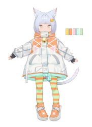 Rule 34 | 1girl, absurdres, animal ear fluff, animal ears, bell, black gloves, blunt bangs, bowl cut, cat ears, cat girl, cat hair ornament, cat tail, color guide, fingerless gloves, gloves, hair ornament, highres, jacket, open hands, open mouth, original, palette (object), pantyhose, puremage, short hair, solo, striped clothes, striped legwear, striped pantyhose, tail, white background, white hair