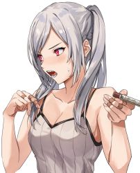 Rule 34 | 1girl, armpits, bandaid, bare shoulders, blush, braid, breasts, camisole, chocolate, cleavage, collarbone, commentary, embarrassed, english commentary, fire emblem, fire emblem awakening, frown, grey hair, grima (fire emblem), highres, kamu (kamuuei), long hair, looking to the side, medium breasts, nervous, nintendo, open mouth, parted bangs, playing with own hair, red eyes, robin (female) (fire emblem), robin (fire emblem), shadow, sharp teeth, sidelocks, simple background, solo, striped camisole, sweatdrop, teeth, tsundere, twintails, valentine, white background, white hair
