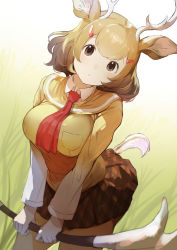 Rule 34 | 1girl, animal ears, antlers, blush, brown eyes, collared shirt, commentary request, cowboy shot, deer antlers, deer ears, deer girl, deer tail, hair ornament, hairclip, highres, horns, kemono friends, koruse, light brown hair, long sleeves, looking at viewer, mule deer (kemono friends), necktie, red necktie, sailor collar, shirt, short hair, solo, sweater, tail, weapon, white shirt
