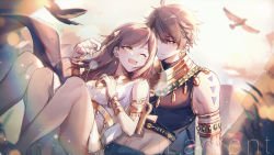 Rule 34 | 1boy, 1girl, :d, bird, black shirt, breasts, brown eyes, brown hair, closed mouth, egyptian clothes, hair ornament, highres, holding, holding hair, long hair, luke pearce (tears of themis), medium breasts, nana895, one eye closed, open mouth, outdoors, rosa (tears of themis), shirt, short hair, sleeveless, smile, tattoo, tears of themis, white shirt, yellow eyes