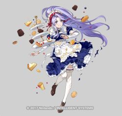 Rule 34 | 1girl, apron, blue dress, brown footwear, cake, clenched teeth, commentary request, cookie, dress, fire emblem, fire emblem: genealogy of the holy war, fire emblem heroes, food, full body, grey background, hair ribbon, long hair, maid, maid headdress, nintendo, official alternate costume, official art, pantyhose, petticoat, ponytail, puffy short sleeves, puffy sleeves, purple eyes, purple hair, red ribbon, ribbon, shoes, short sleeves, simple background, solo, standing, tailtiu (fire emblem), teeth, torn clothes, torn dress, tray, urata asao, very long hair, white apron, white pantyhose