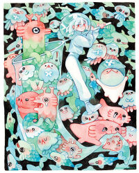 Rule 34 | 1boy, :&lt;, commentary, crying, crying with eyes open, dark background, english commentary, fish, fishing, fishing net, jellyfish, long sleeves, looking at viewer, maruti bitamin, medium hair, original, painting (medium), pants, shirt, smile, surreal, tears, too many, too many fish, traditional media, walking, watercolor (medium), white hair, white pants, white shirt