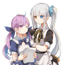 Rule 34 | 2girls, ahoge, apron, black bow, black dress, blue bow, blue dress, blue eyes, blue hair, blue ribbon, bow, braid, brown eyes, crossover, dress, frilled apron, frills, gloves, grey hair, hair ribbon, hand on another&#039;s head, heterochromia, highres, hololive, kagura gumi, kagura mea, long hair, minato aqua, minato aqua (1st costume), multicolored hair, multiple girls, one eye closed, parted lips, puffy short sleeves, puffy sleeves, purple eyes, purple hair, ribbon, short sleeves, simple background, twintails, two-tone hair, very long hair, virtual youtuber, waist apron, white apron, white background, white gloves, xuu shi times