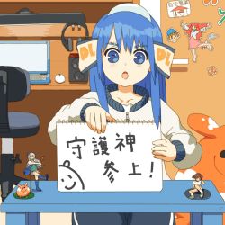 Rule 34 | 1girl, blue eyes, blue hair, brown hair, chair, computer, dlsite.com 15 year anniversary contest, figure, gym uniform, hauri, headphones, highres, holding, holding sign, laptop, mouse (computer), open mouth, short twintails, sign, solo, speaker, translation request, twintails