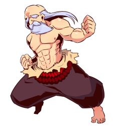Rule 34 | 1boy, abs, bald, barefoot, beard, black pants, character request, clenched hands, etrian odyssey, facial hair, hand up, highres, long hair, male focus, muscular, mustache, naga u, navel, old, old man, pants, puffy pants, topless male, silver hair, simple background, solo, toenails, white background