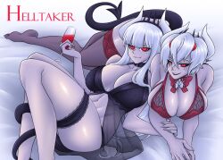 Rule 34 | 2girls, alcohol, anikiki, beelzebub (helltaker), breasts, champagne flute, cleavage, cup, demon girl, demon horns, demon tail, drinking glass, english text, eyebrows hidden by hair, freckles, helltaker, highres, holding, holding cup, horns, large breasts, lingerie, long hair, lucifer (helltaker), lying, multiple girls, on back, on stomach, red eyes, see-through, stomach, tail, thigh strap, thighhighs, thighs, underwear, white hair, white horns, wine, wine glass