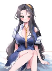 Rule 34 | 1girl, baldr (series), baldr sky, bed, black hair, blue dress, blush, breasts, collarbone, collared shirt, commission, commissioner upload, cropped jacket, dress, green eyes, headband, highres, jacket, large breasts, long hair, looking to the side, necktie, nishino aki, off shoulder, parted bangs, shirt, shishamosama, sitting, skeb commission, smile, solo, very long hair, white jacket, white shirt, yellow headband, yellow necktie