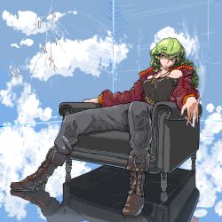 Rule 34 | 1girl, :|, bare shoulders, belt, between fingers, blue sky, broken glass, brown belt, brown footwear, chair, cigarette, closed mouth, cloud, cloudy sky, commentary request, crack, eyelashes, fingernails, full body, glass, green hair, highres, holding, kazami yuuka, long hair, long sleeves, pants, pants tucked in, reclining, reflective floor, ribbed sleeves, sitting, skinnytorch, sky, smoke, solo, touhou, unzipped