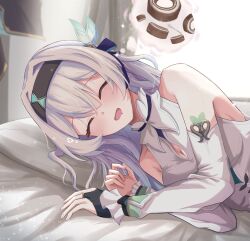 Rule 34 | 1girl, arm tattoo, bare shoulders, bed, black bow, black bridal gauntlets, black hairband, bow, breasts, bridal gauntlets, cleavage, detached sleeves, dreaming, drooling, firefly (honkai: star rail), hair bow, hair ornament, hairband, highres, honkai: star rail, honkai (series), light blush, long hair, lying, medium breasts, oak cake roll (honkai: star rail), on bed, on side, open mouth, pillow, saliva, shirt, single bridal gauntlet, sleeping, solo, tattoo, tefutefufu, white hair, white shirt