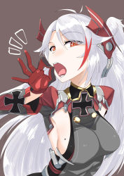 Rule 34 | 1girl, antenna hair, artist name, azur lane, breasts, cross, eyes visible through hair, fellatio gesture, gloves, grey background, headgear, highres, iron cross, kurozako, long hair, mole, mole on breast, multicolored hair, open mouth, prinz eugen (azur lane), red eyes, sideboob, signature, silver hair, simple background, solo, streaked hair, swept bangs, tongue, tongue out, two side up