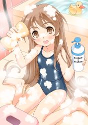 Rule 34 | 1girl, barefoot, bath, bath stool, bathing, bathroom, bathtub, blush, brown eyes, brown hair, long hair, looking at viewer, nokia (harusion), one-piece swimsuit, open mouth, original, rubber duck, school swimsuit, shampoo, shiny clothes, sitting, skindentation, smile, soap, solo, sponge, stool, swimsuit, teeth, tongue, wariza