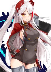 Rule 34 | 1girl, absurdres, antenna hair, arm at side, armpit cutout, azur lane, black gloves, blush, breasts, buttons, clothing cutout, cowboy shot, garter straps, gloves, grey thighhighs, halterneck, hand on own hip, headgear, highres, long hair, long sleeves, looking at viewer, medium breasts, mole, mole on breast, nanakaku, no pants, panties, pantyshot, parted bangs, prinz eugen (azur lane), rigging, shrug (clothing), sideboob, smile, solo, standing, thighhighs, two side up, underwear, white background, white hair, wing collar, yellow eyes