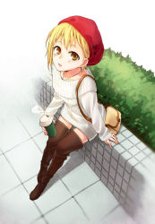 Rule 34 | 10s, 1girl, alternate costume, alternate hairstyle, aran sweater, bag, blonde hair, blush, boots, brown eyes, brown footwear, brown thighhighs, bush, cable knit, casual, cup, dress, from above, full body, haikyuu!!, hair down, hat, jewelry, long sleeves, looking at viewer, namo, necklace, open mouth, outdoors, pavement, red hat, shadow, short hair, shoulder bag, sitting, sleeves past wrists, solo, sweater, sweater dress, thigh boots, thighhighs, yachi hitoka, zettai ryouiki
