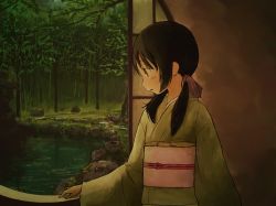 Rule 34 | 1girl, black eyes, black hair, bow, dark, flat chest, hair bow, japanese clothes, kimono, long sleeves, obi, original, parted lips, pond, profile, round window, sash, solo, tebanawo, tree, twintails, water, wide sleeves, window