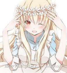 Rule 34 | 1girl, apron, bad id, bad pixiv id, blonde hair, blue dress, daisy, dated, dress, flower, flower on head, hands up, head wreath, hiro (hirohiro31), kagerou project, kozakura marry, long hair, looking at viewer, one eye closed, red eyes, sidelocks, simple background, solo, white background, wink