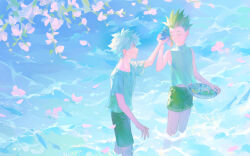 Rule 34 | 2boys, bare arms, bare shoulders, belt, belt buckle, black shorts, blue eyes, bowl, buckle, cargo shorts, cherry blossoms, closed eyes, collarbone, commentary, conch, day, denim, denim shorts, english commentary, falling petals, feet out of frame, flower, gon freecss, green belt, green hair, green shorts, hand on another&#039;s hand, holding, holding bowl, holding shell, hunter x hunter, killua zoldyck, kuwagatata, looking at another, male focus, midriff peek, multiple boys, mussel, ocean, open mouth, outdoors, petals, pink flower, shell, shell to ear, shirt, short hair, short sleeves, shorts, sleeveless, sleeveless shirt, smile, spiked hair, t-shirt, teeth, turtleneck, wading, waves, white hair, white shirt, white sleeves