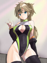 Rule 34 | 1girl, antenna hair, black jacket, black leotard, black thighhighs, breasts, brown hair, cleavage, cleavage cutout, clothing cutout, commentary request, covered navel, green eyes, hair ornament, hairclip, highleg, highleg leotard, highres, jacket, jacket partially removed, kasukabe tsumugi, leotard, long hair, looking at viewer, medium breasts, multicolored leotard, one side up, panda sasasa, race queen, sitting, solo, thighhighs, turtleneck, voicevox