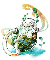 Rule 34 | amaterasu (ookami), black eyes, bodypaint, bottle, eye contact, floating, floating object, fuchi., in bottle, in container, looking at another, magatama, no humans, nuregami, ookami (game), ripples, simple background, snake, sumi-e, water, water drop, white background, wolf