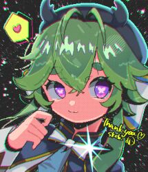 Rule 34 | 1girl, :3, black hat, blurry, blurry background, bow, bowtie, butterfly in eye, collared shirt, green hair, hair between eyes, hand up, hat, heart, highres, horns, looking to the side, maiandkoh, night, night sky, original, pixel art, purple eyes, shirt, sky, speech bubble, star (sky), vhs artifacts, white bow