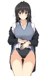 Rule 34 | 1girl, absurdres, black jacket, blue skirt, blue vest, blush, breasts, brown eyes, brown hair, clothes lift, commentary request, cowboy shot, embarrassed, gluteal fold, halcon, heart, highres, jacket, large breasts, lifted by self, long hair, long sleeves, looking at viewer, miyamae tooru, off shoulder, one-piece swimsuit, open clothes, open jacket, original, pleated skirt, seiren, shirt, simple background, skirt, skirt lift, solo, swimsuit, swimsuit under clothes, thigh gap, vest, white background, white shirt