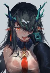 Rule 34 | 1girl, 1other, absurdres, arknights, bare shoulders, black gloves, black hair, blush, breasts, colored skin, doctor (arknights), dragon horns, dress, dusk (arknights), finger in another&#039;s mouth, furioso, gloves, green skin, grey background, hair over one eye, hand grab, highres, horns, large breasts, long hair, looking at viewer, mouth pull, necktie, nipples, no bra, open mouth, pointy ears, red eyes, red necktie, saliva, see-through, simple background, sleeveless, sleeveless dress, solo focus, teeth, tongue, tongue out, underwear, upper body, very long hair, wet, wet clothes, wet dress